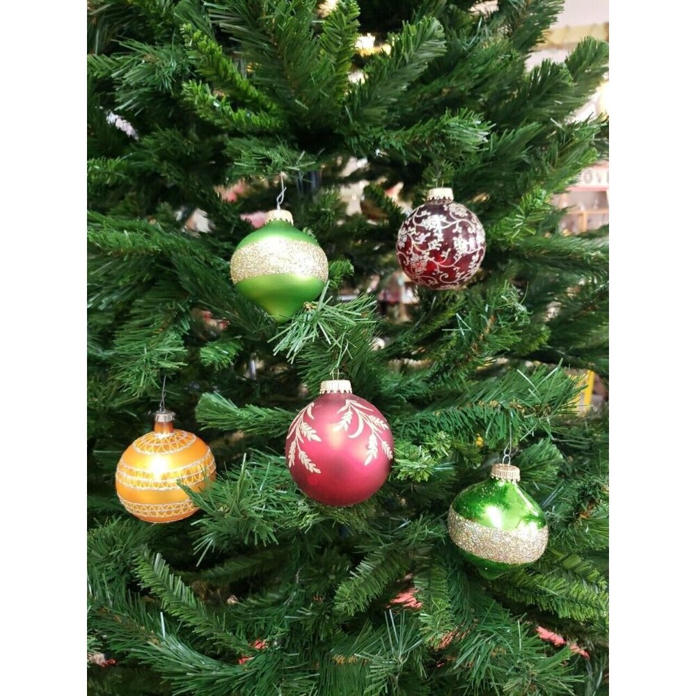 5 Vtg Hand Painted Glass Balls Christmas Ornament Glitter Large Gold Green Red